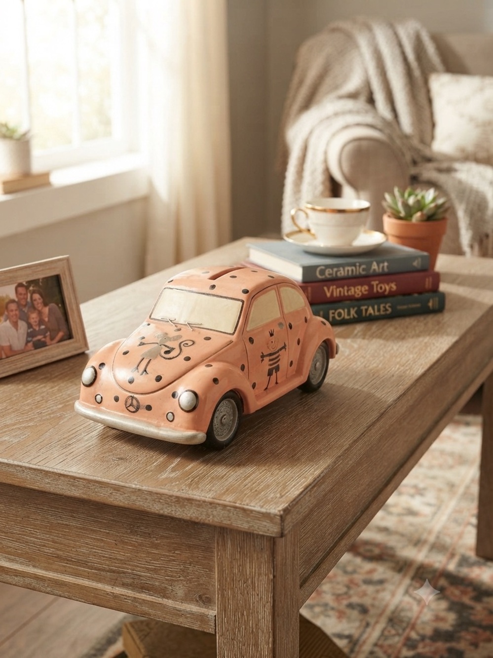 Ceramic Vintage Style Kids Toy Volkswagen Car - Peach-hand-painted w/3-D images